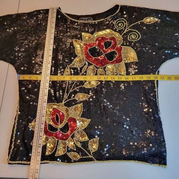 Jean for Joseph Le Bon Vintage Silk Sequin Blouse Black Red Gold Floral Evening - Picture 10 of 13